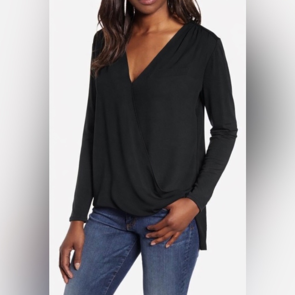Vince Camuto Size XL Georgette & Jersey Faux Wrap Blouse in Black